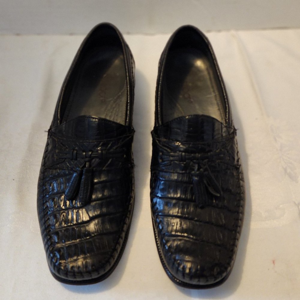 Brass Boot Tassel Loafers Size 10.5 Black Genuine Caiman Alligator - Picture 2 of 11
